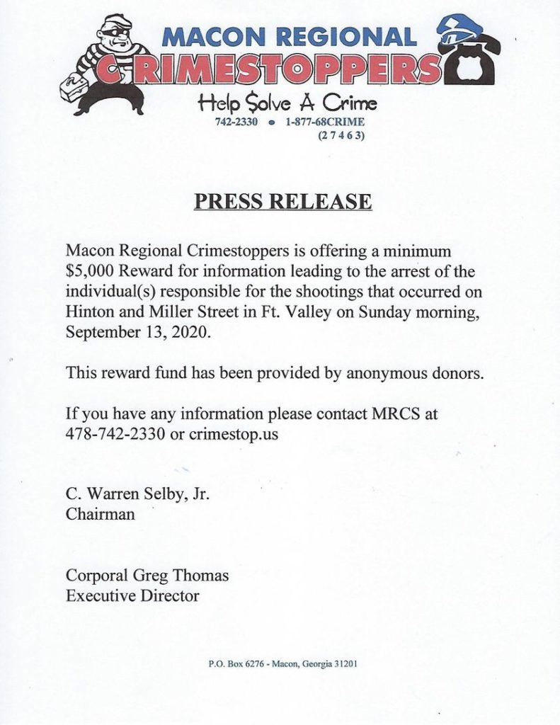 $5,000 Reward for info leading to arrest for the shootings in Fort Valley Sept. 13 2020