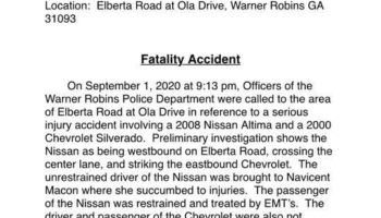 Fatality Accident on Elberta Rd. at Ola Drive in Warner Robins