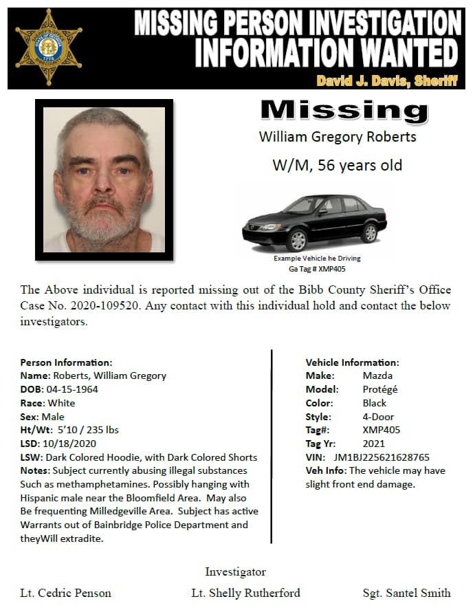 Missing Person Investigation William Gregory Roberts in Macon GA