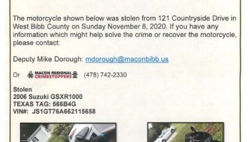 Stolen Motorcycle from Countryside Drive in Macon GA