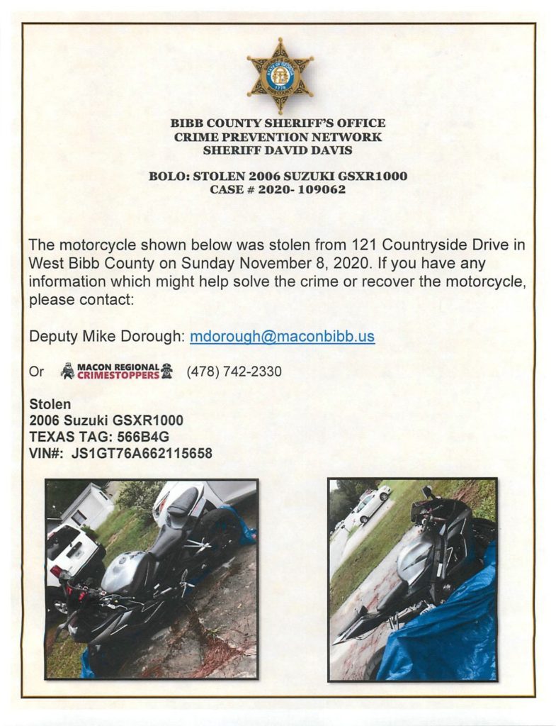 Stolen Motorcycle from Countryside Drive in Macon GA