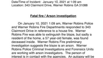 Fatal Fire Arson Investigation at Clairmont Drive in Warner Robins