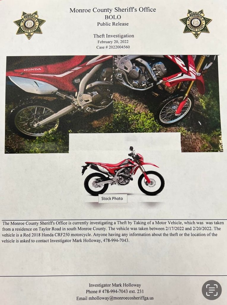 Theft Investigation Red 2018 Honda CRF250 Motorcycle Taylor Rd. Monroe County