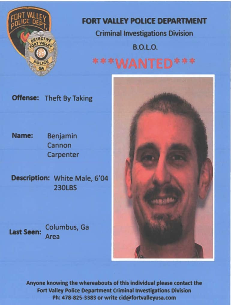 Benjamin Carpenter Wanted for Theft by Taking in Fort Valley GA
