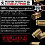 Public announcement poster from Macon Regional Crimestoppers about a shooting investigation outside Midtown Bar in Macon, Georgia on May 18, 2025.